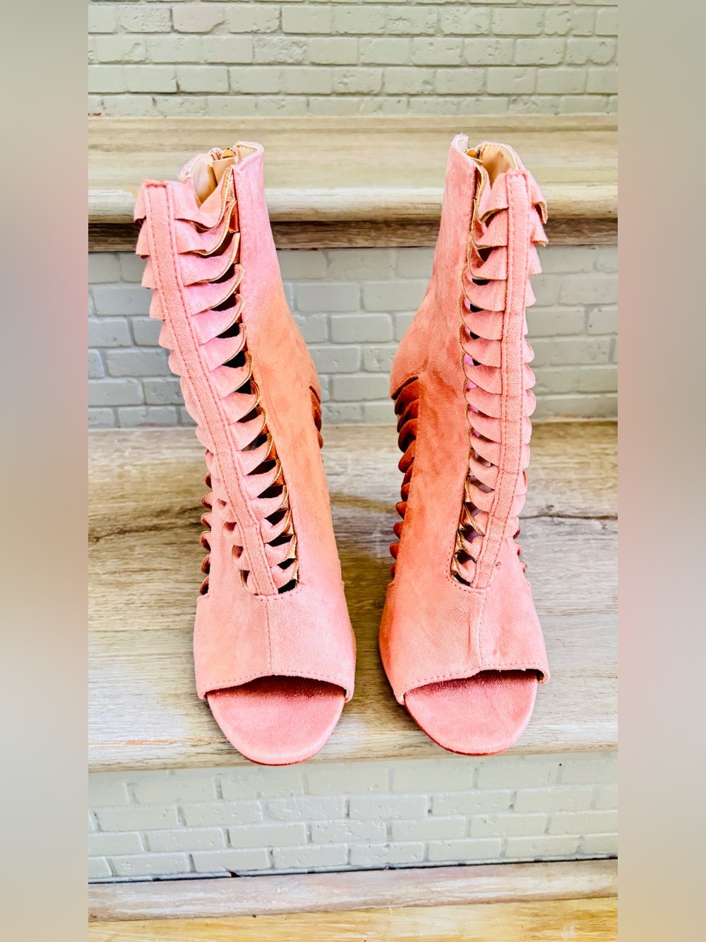 Cape Robbin Rose Gold & Pink Suede Cutout Metallic Peep-Toe Stiletto Booties NEW - Picture 5 of 16